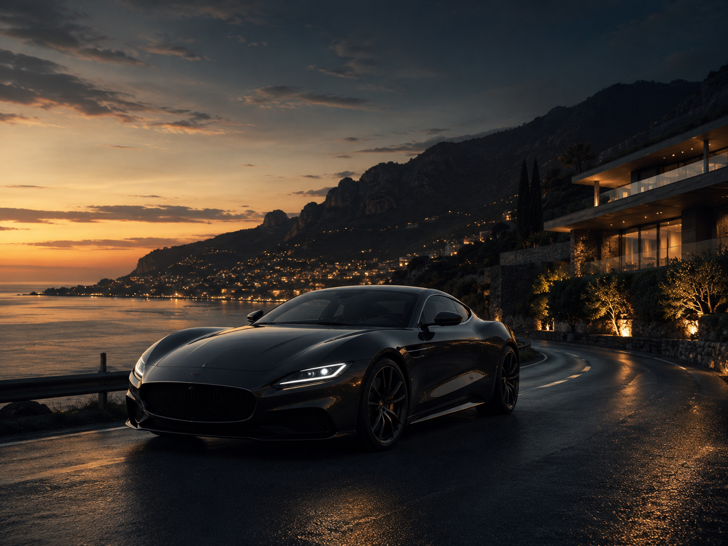 Luxury car on a coastal road at dusk